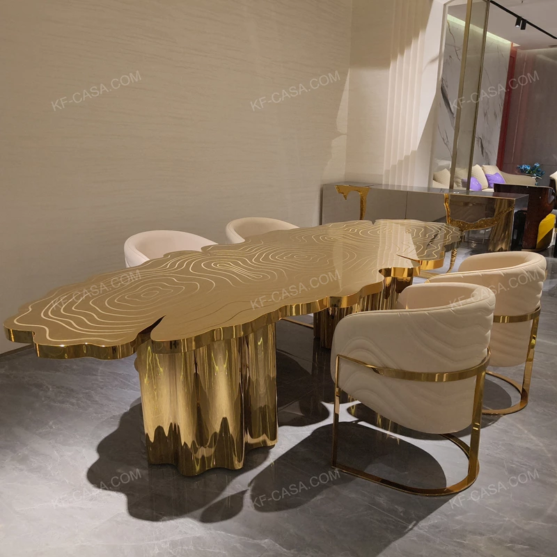 Cloud-Shaped Gold Dining Table with Contour Inlay and Sculptural Draped Pedestals